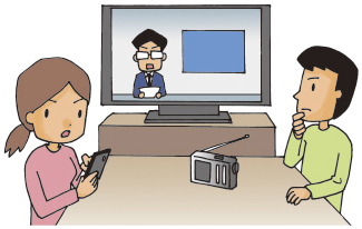 テレビとラジオとスマートフォンでニュースを確認するイラスト