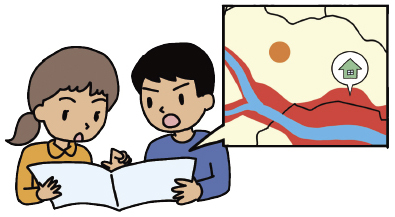 ハザードマップを見て話し合う男女のイラスト
